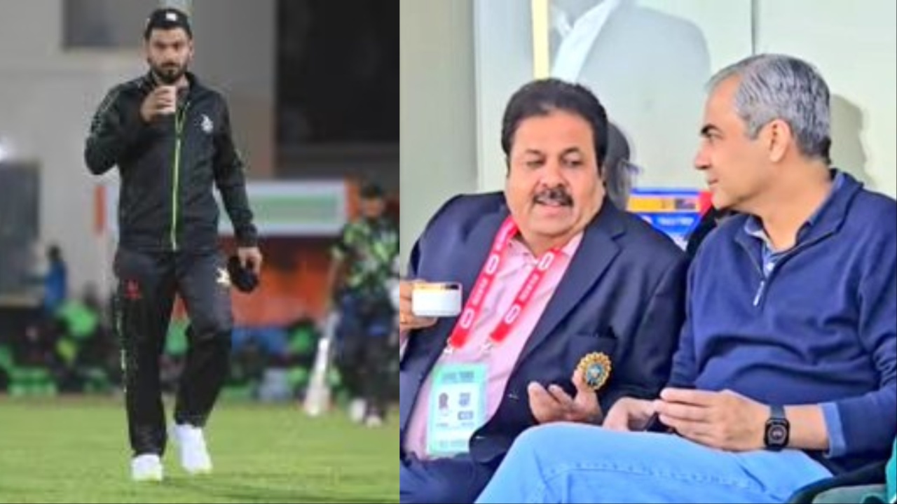 Pakistan's Hossain Talat and Mohsin Naqvi and India's Rajeev Shukla.
