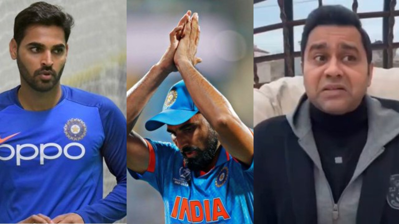 India's Aakash Chopra, Mohammed Shami, and Bhuvneshwar Kumar.