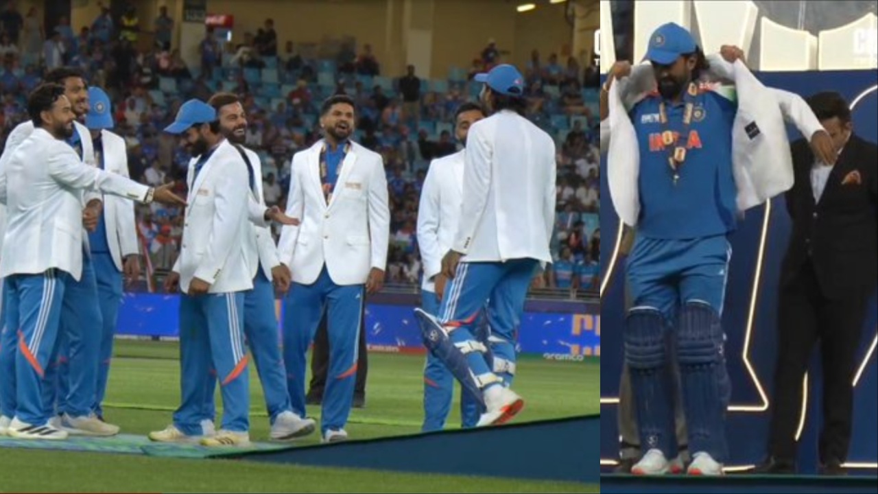 KL Rahul went up to the podium with pads up.