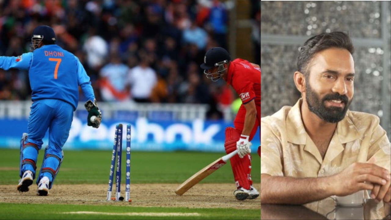 India's MS Dhoni and Dinesh Karthik and England's Jonathan Trott.