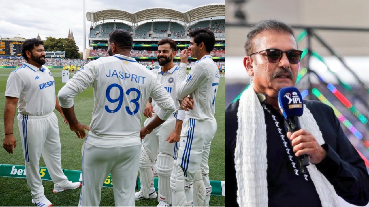 Ravi Shastri, Rohit Sharma, Virat Kohli, Jasprit Bumrah, and Shubman Gill.