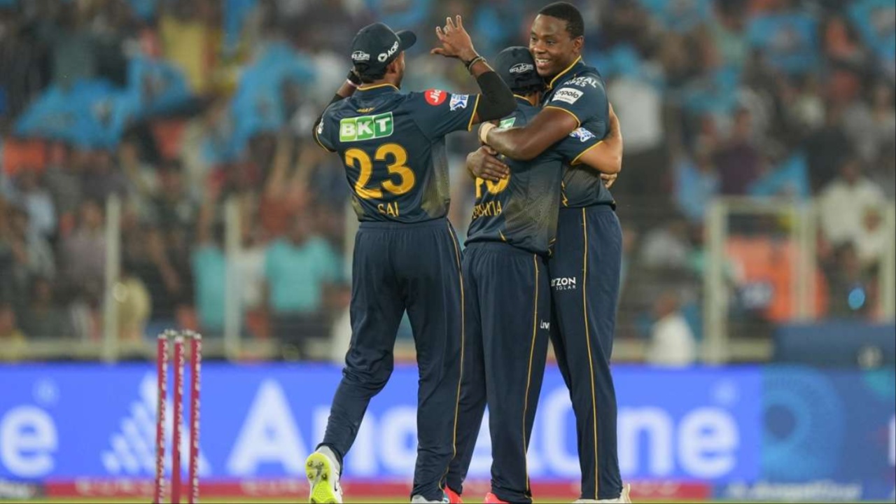 Kagiso Rabada, Rahul Tewatia and Sai Sudharsan of GT.